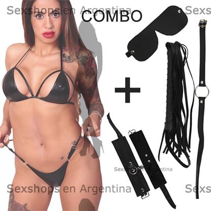 Kit de ecocuero negro con antifaz, mordaza, esposas, latigo y conjunto de vinilo